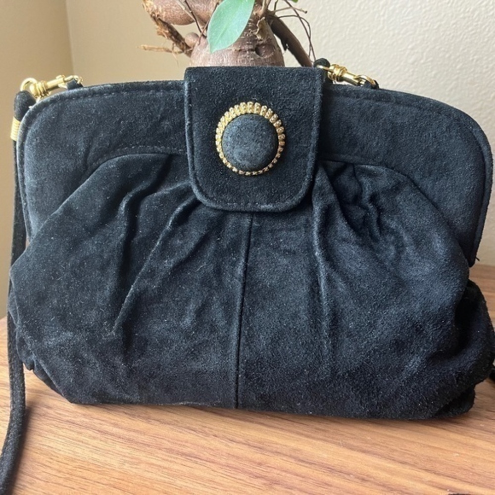 Vintage 80s 1980s Black Suede Evening Bag Purse with Gold Button Hardware